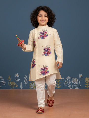 Boys' Beige Art Silk Kurta Set – Ethnic Print