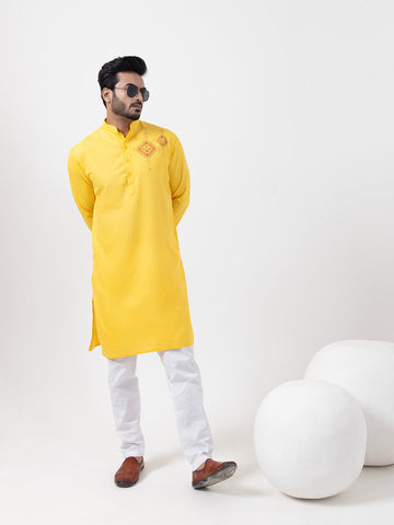 Men's Yellow Cotton Kurta Set – Ethnic Print