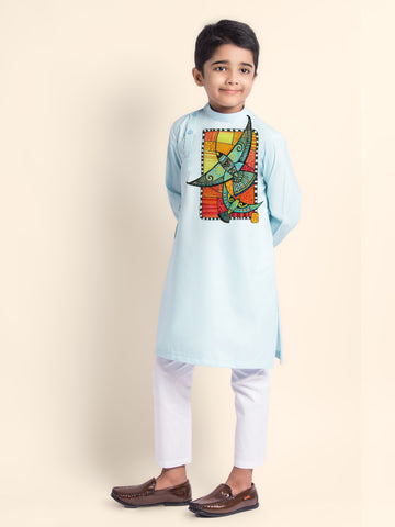Boys' Sky Blue Cotton Kurta Set – Printed