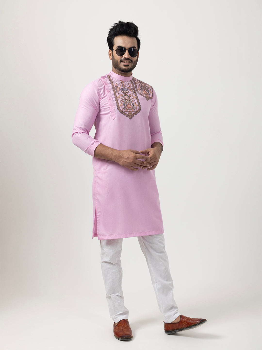 Men's Pink Cotton Kurta Set – Ethnic Print & Side Placket