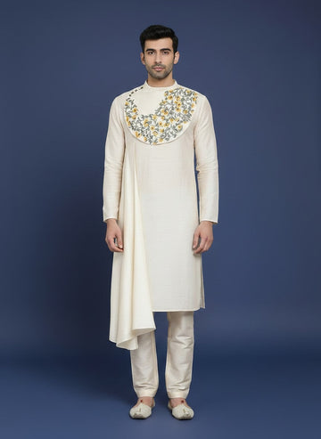 Men's Beige Pure Silk Kurta Set – Ethnic Print & Side Placket