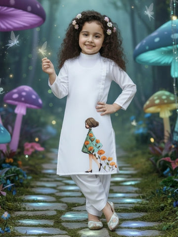 Girls' White Cotton Kurti Set – Ethnic Print