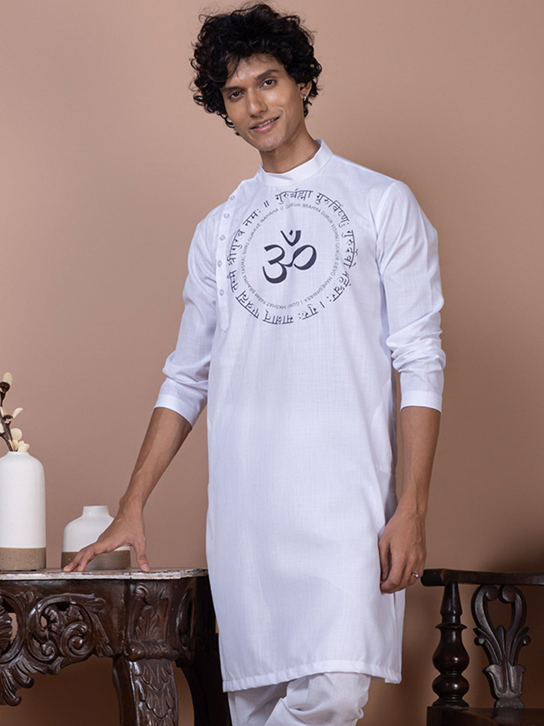 Men's White Cotton Kurta Set – Ethnic Print & Side Placket