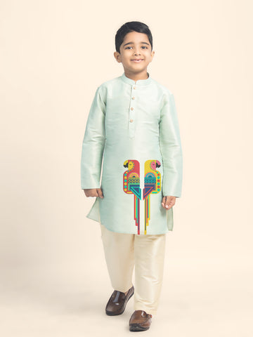 Boys' Green Dupion Silk Kurta Set – Printed
