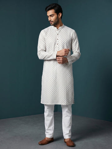 Men's White Cotton Kurta Set – Ethnic Print