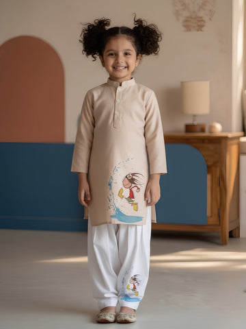 Girls' Beige Cotton Kurti Set – Ethnic Print