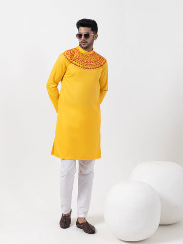 Men's Mustard Cotton Kurta Set – Ethnic Print & Side Placket