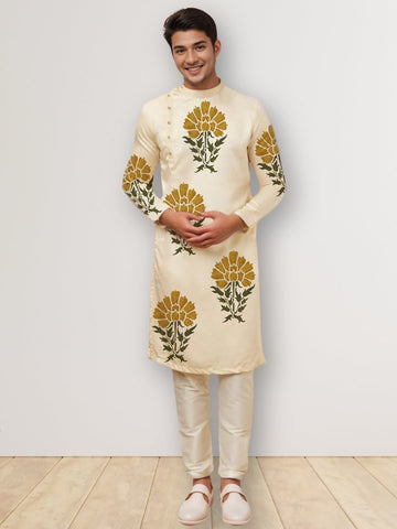 Men's Beige Cotton Kurta Set – Ethnic Print & Side Placket