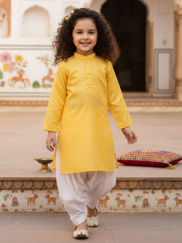 Girls' Yellow Cotton Kurti Set – Solid