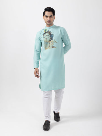 Men's Green Cotton Kurta Set – Lord Krishna Print & Side Placket