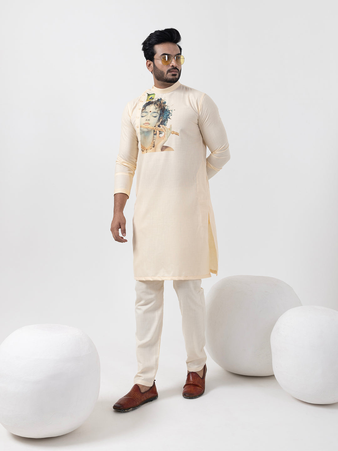 Men's Beige Cotton Kurta Set – Lord Krishna Print & Side Placket