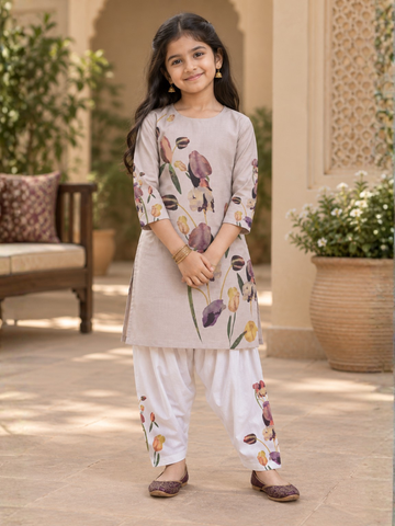 Girls' Beige Cotton Kurti Set – Ethnic Print