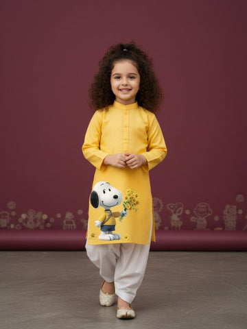 Girls' Yellow Cotton Kurti Set – Ethnic Print