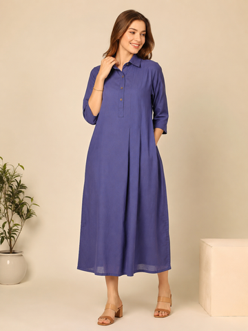 Women's Blue Cotton Linen Shirt Dress – Button Front