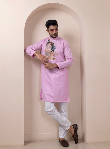 Men's Pink Cotton Kurta Set – Lord Krishna Print & Side Placket