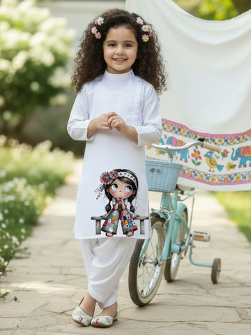 Girls' White Cotton Kurti Set – Ethnic Print