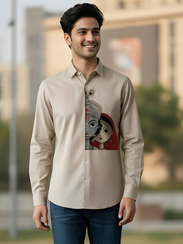 Men's Beige Cotton Shirt – Ethnic Print