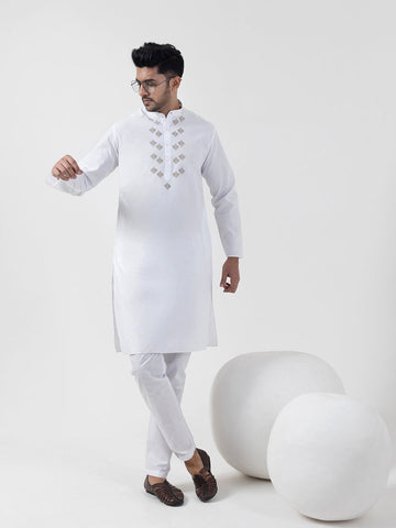Men's White Cotton Kurta Set – Ethnic Print