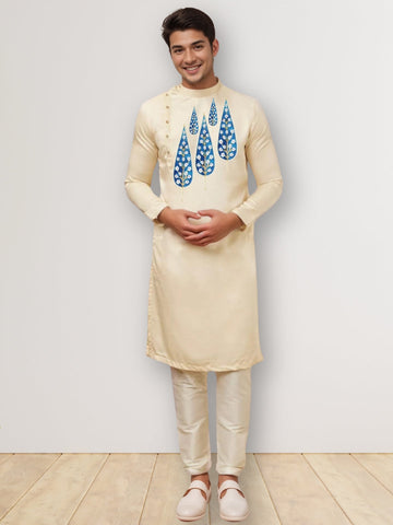 Men's Beige Cotton Kurta Set – Ethnic Print & Side Placket