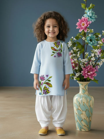 Girls' Sky Blue Cotton Kurti Set – Ethnic Print