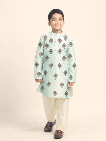 Boys' Green Dupion Silk Kurta Set – Printed
