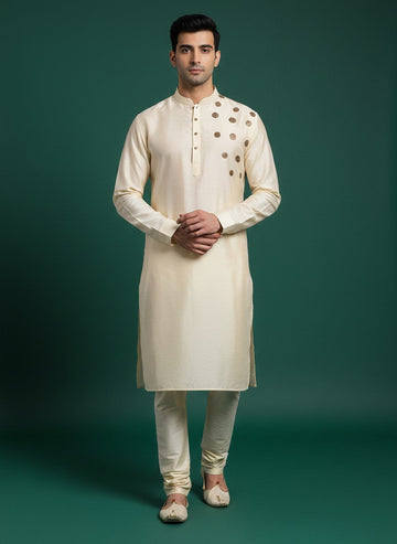 Men's Beige Pure Silk Kurta Set – Ethnic Print & Side Placket