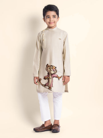 Boys' Beige Cotton Kurta & Pyjama Set – Printed