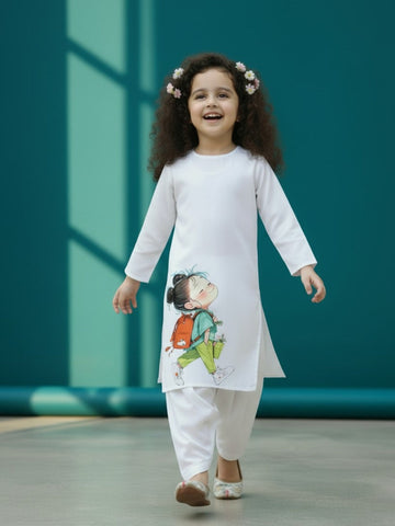 Girls' White Cotton Kurti Set – Ethnic Print