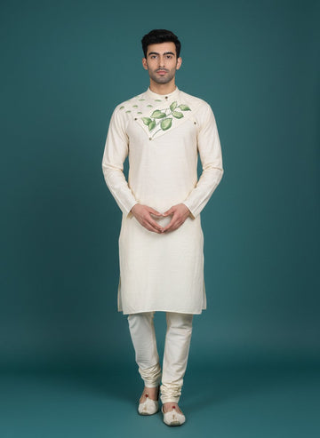 Men's Beige Pure Silk Kurta Set – Ethnic Print & Side Placket