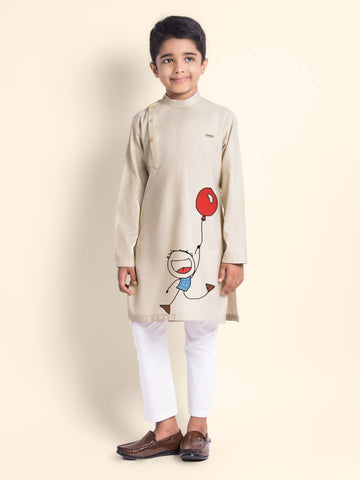 Boys' Beige Cotton Kurta Set – Printed