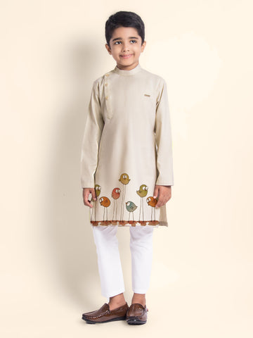 Boys' Beige Cotton Kurta Set – Printed