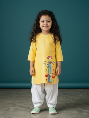 Girls' Yellow Cotton Kurti Set – Ethnic Print