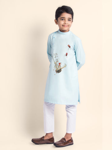Boys' Sky Blue Cotton Kurta Set – Printed