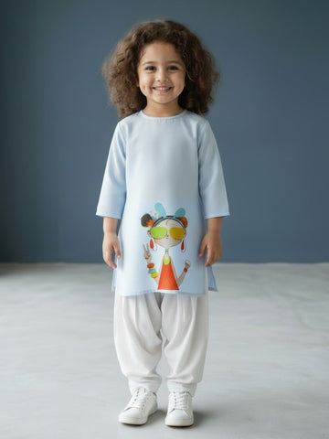 Girls' Sky Blue Cotton Kurti Set – Ethnic Print
