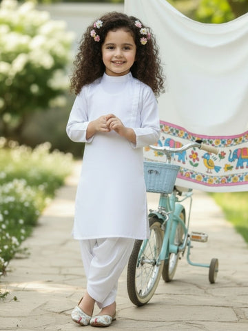 Girls' White Cotton Kurti Set – Solid & Side Placket