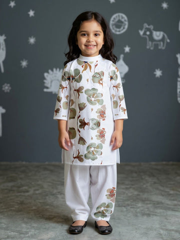 Girls' White Cotton Kurti Set – Ethnic Print