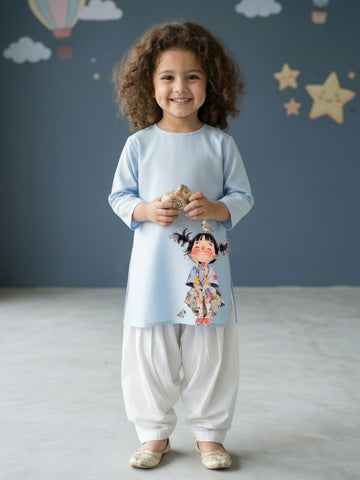 Girls' Sky Blue Cotton Kurti Set – Ethnic Print
