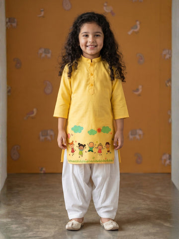 Girls' Yellow Cotton Kurti Set – Ethnic Print