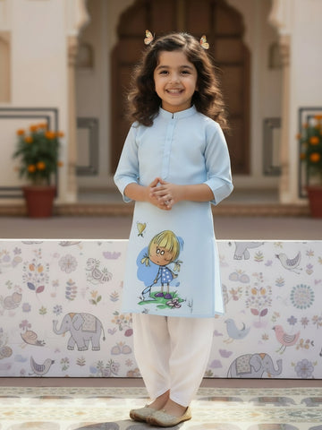 Girls' Sky Blue Cotton Kurti Set – Ethnic Print