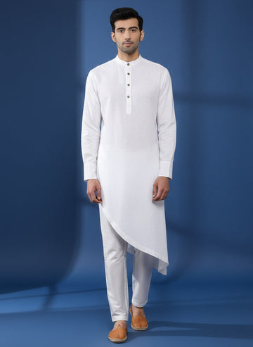 Men's White Cotton Linen Kurta Set – Solid & Side Placket