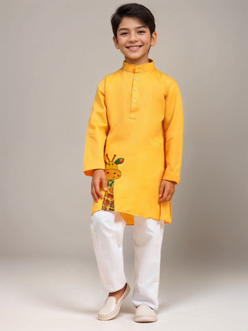 Boys' Yellow Cotton Kurta Set – Printed