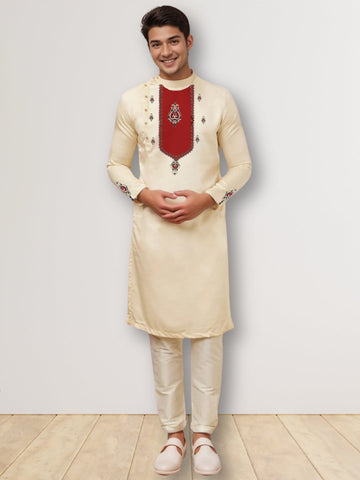 Men's Beige Cotton Kurta Set – Ethnic Print & Side Placket