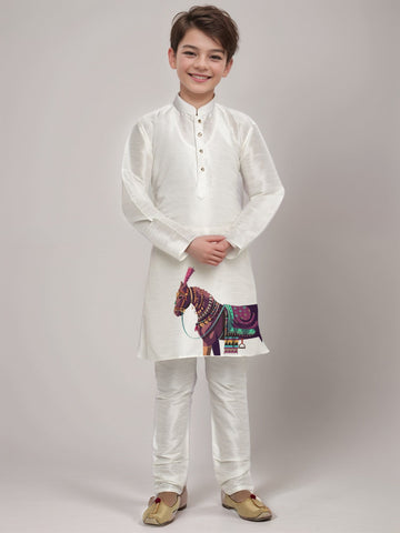 Boys' White Dupion Kurta & Pyjama Set – Printed