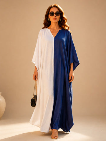 Women's Blue & White Cotton Linen Fashion Dress – V-Neck