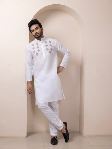 Men's White Cotton Kurta Set – Ethnic Print