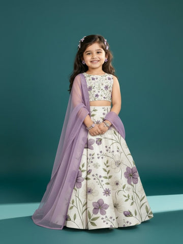 Girls' Off-White Art Silk Lehenga Set – Printed