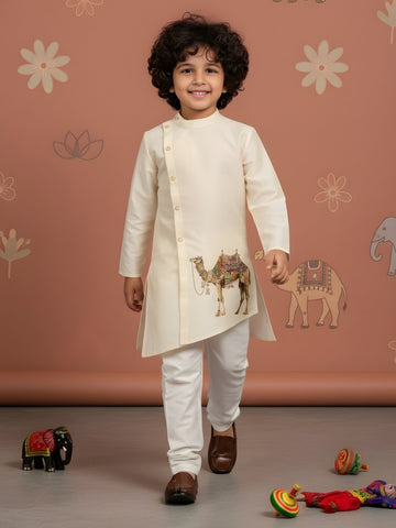 Boys' Beige Art Silk Kurta Set – Ethnic Print