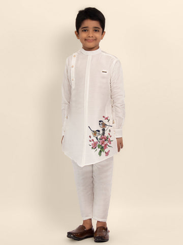 Boys' White Dupion Kurta Set – Printed