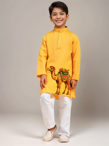 Boys' Yellow Cotton Kurta Set – Printed