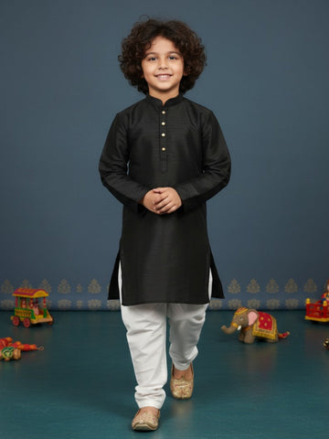 Boys' Black Art Silk Kurta Set – Solid